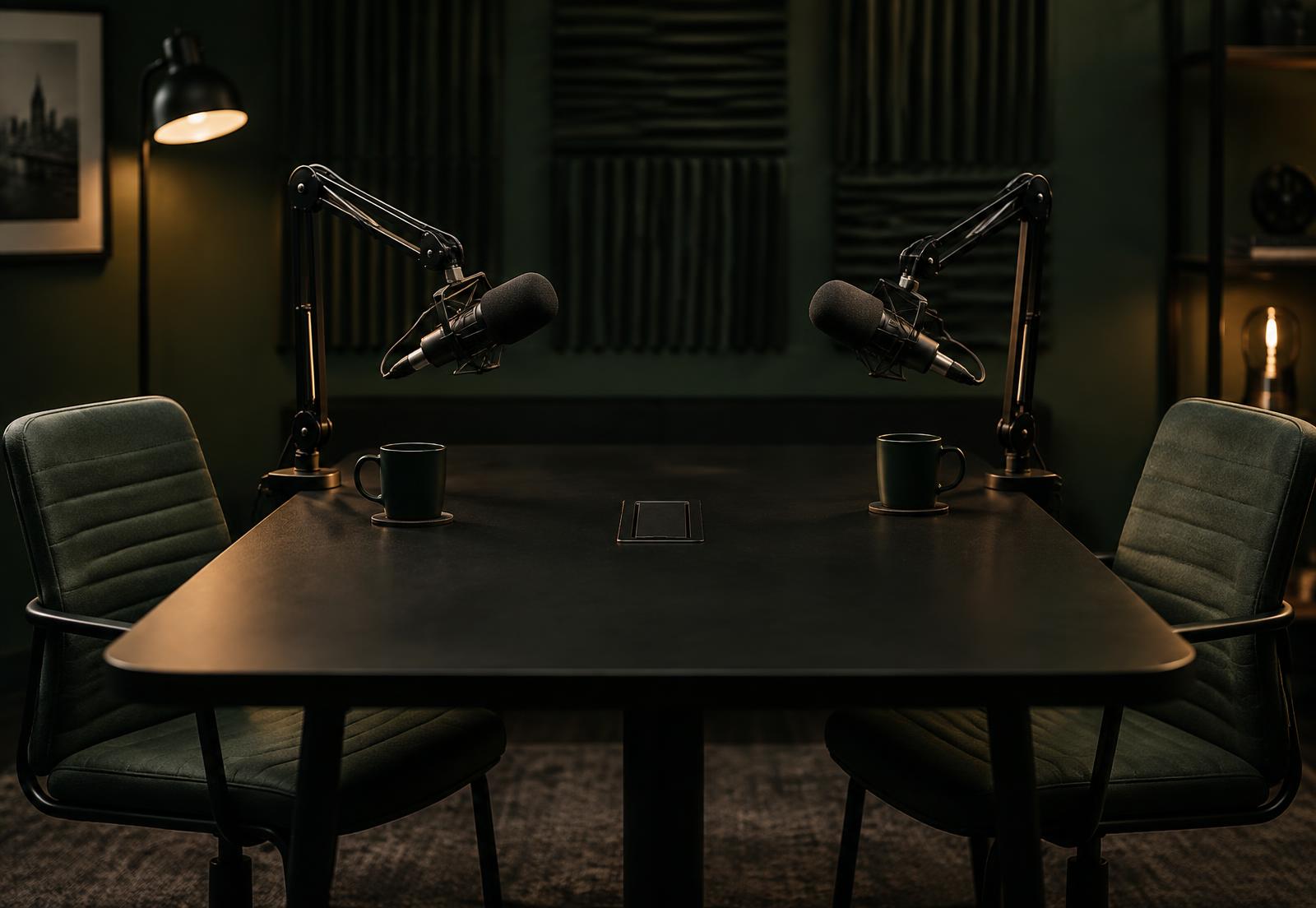 An empty podcast studio with two broadcast microphones on boom arms